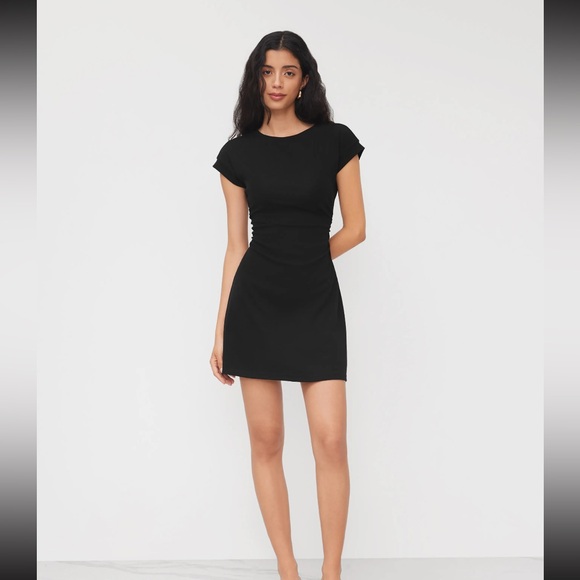 COTTON-BLEND ROUND NECKLINE RUCHED MINI DRESS MEDIUM CIDER - Picture 2 of 6